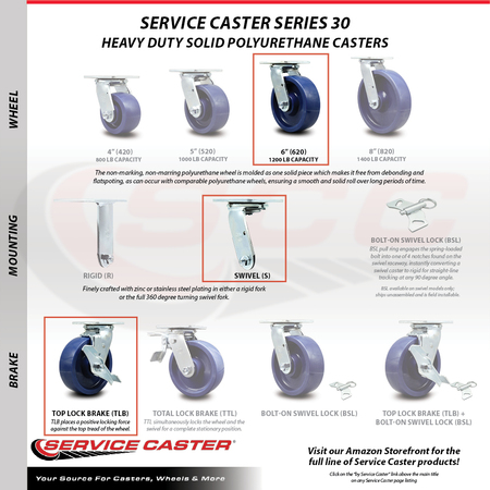 Service Caster 6 Inch SS Solid Poly Caster Set with Ball Bearings 2 Swivel Lock 2 Brake SCC SCC-SS30S620-SPUB-BSL-2-TLB-2